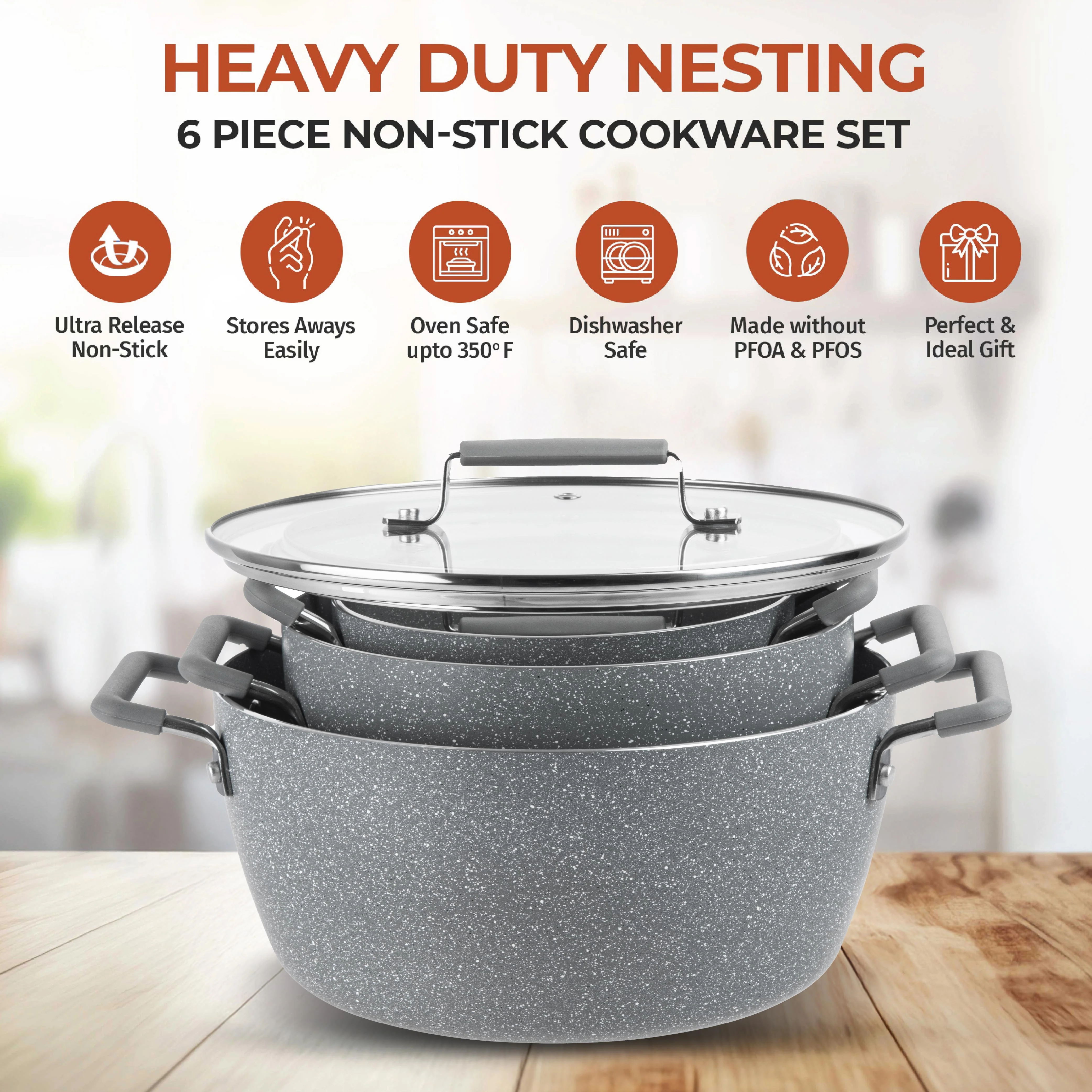 Granitestone Ceraluxe 6 Piece Grey Speckle Nesting Stock Pots Set - Image 2