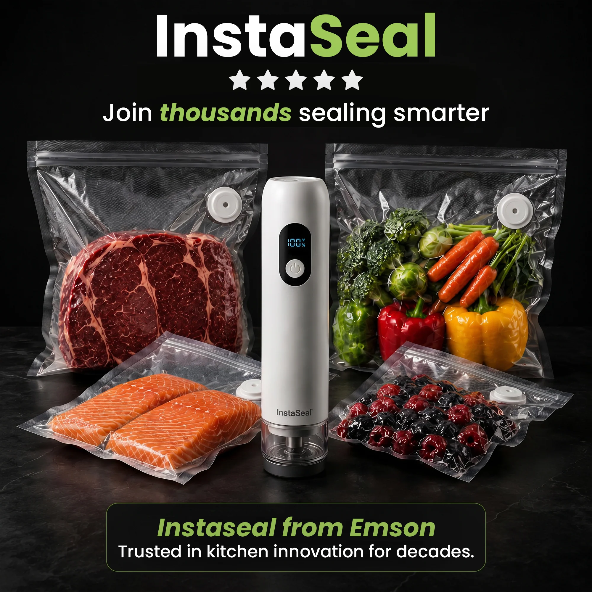 InstaSeal Hybrid Handheld Vacuum Sealer – Rechargeable Portable Food Vacuum Sealer with 30 Reusable BPA-Free Bags, USB-C Charging & Smart Auto Seal - Image 10