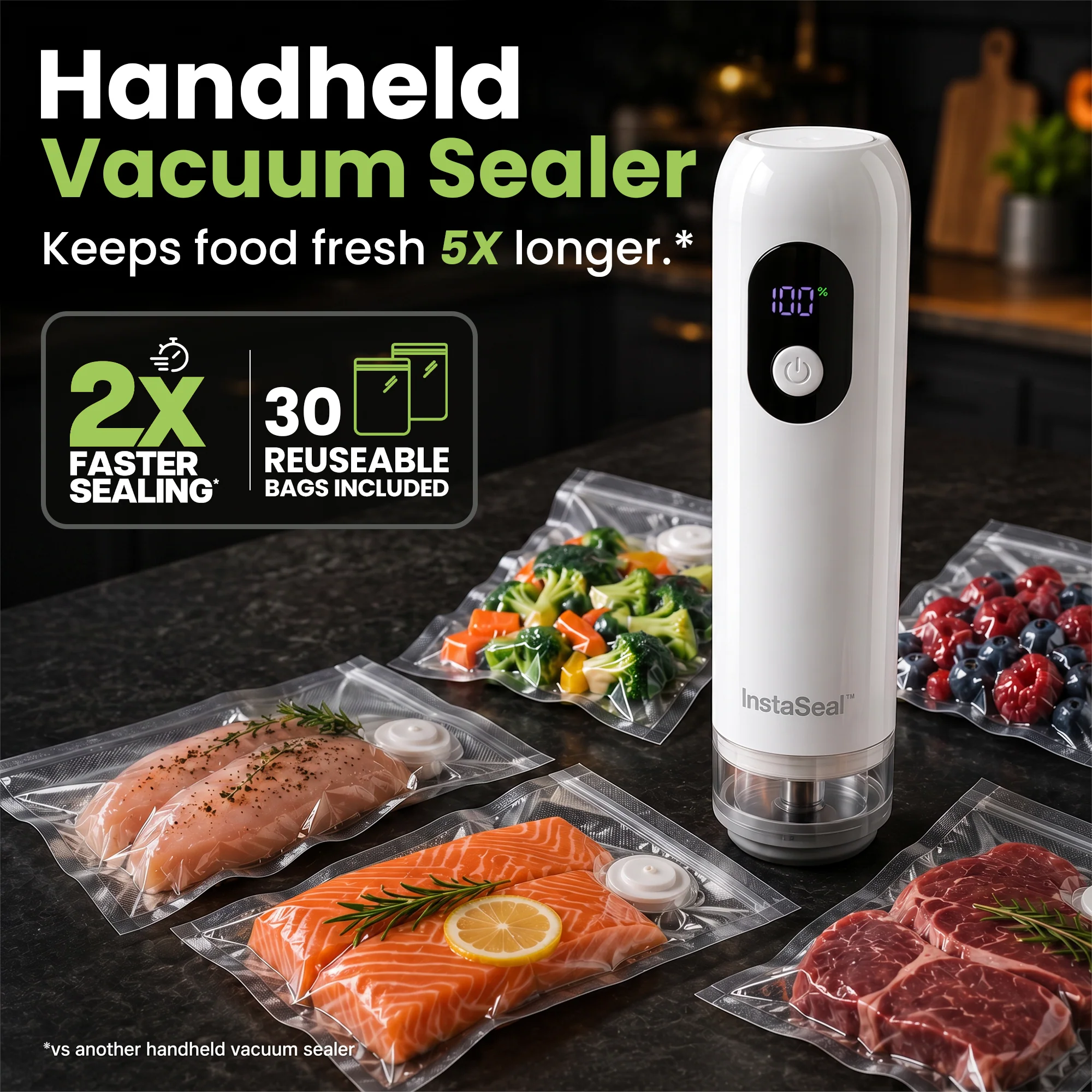 InstaSeal Hybrid Handheld Vacuum Sealer – Rechargeable Portable Food Vacuum Sealer with 30 Reusable BPA-Free Bags, USB-C Charging & Smart Auto Seal - Image 3